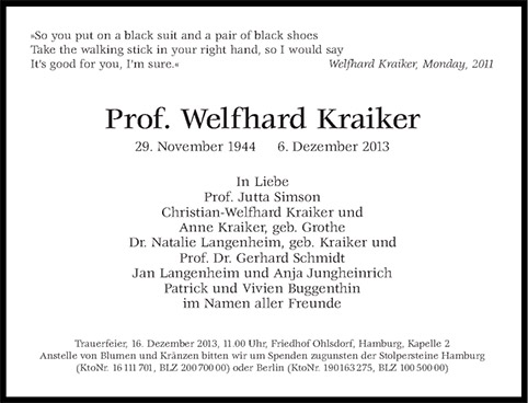 Welfhard Kraiker - Todesanzeige – Süddeutsche Zeitung